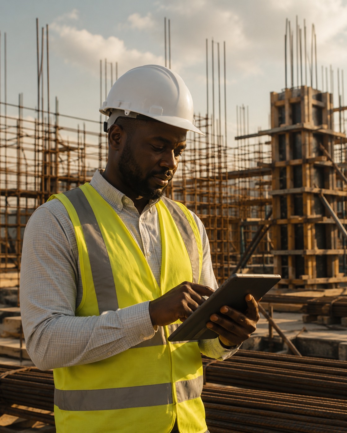 Site engineer in hard hat and hi-vis vest reviewing drawings on site
