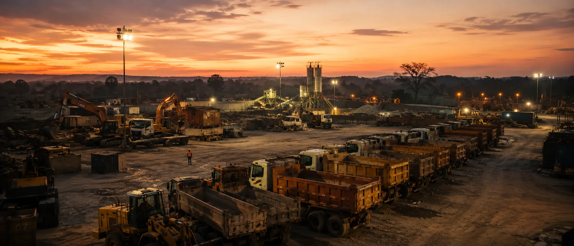 Construction yard at dusk, tipper trucks and mobile plant parked in rows