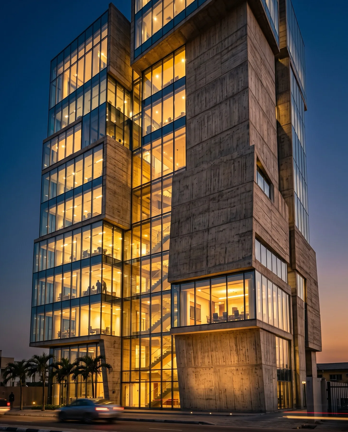 Completed office tower at dusk, lit interiors behind glass and board-formed concrete