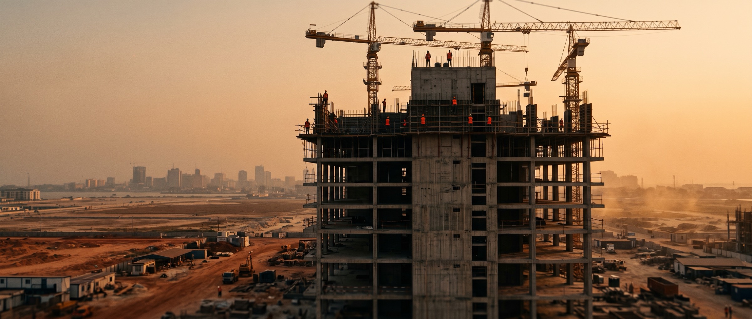 Building under construction at golden hour, scaffolding and exposed concrete frame