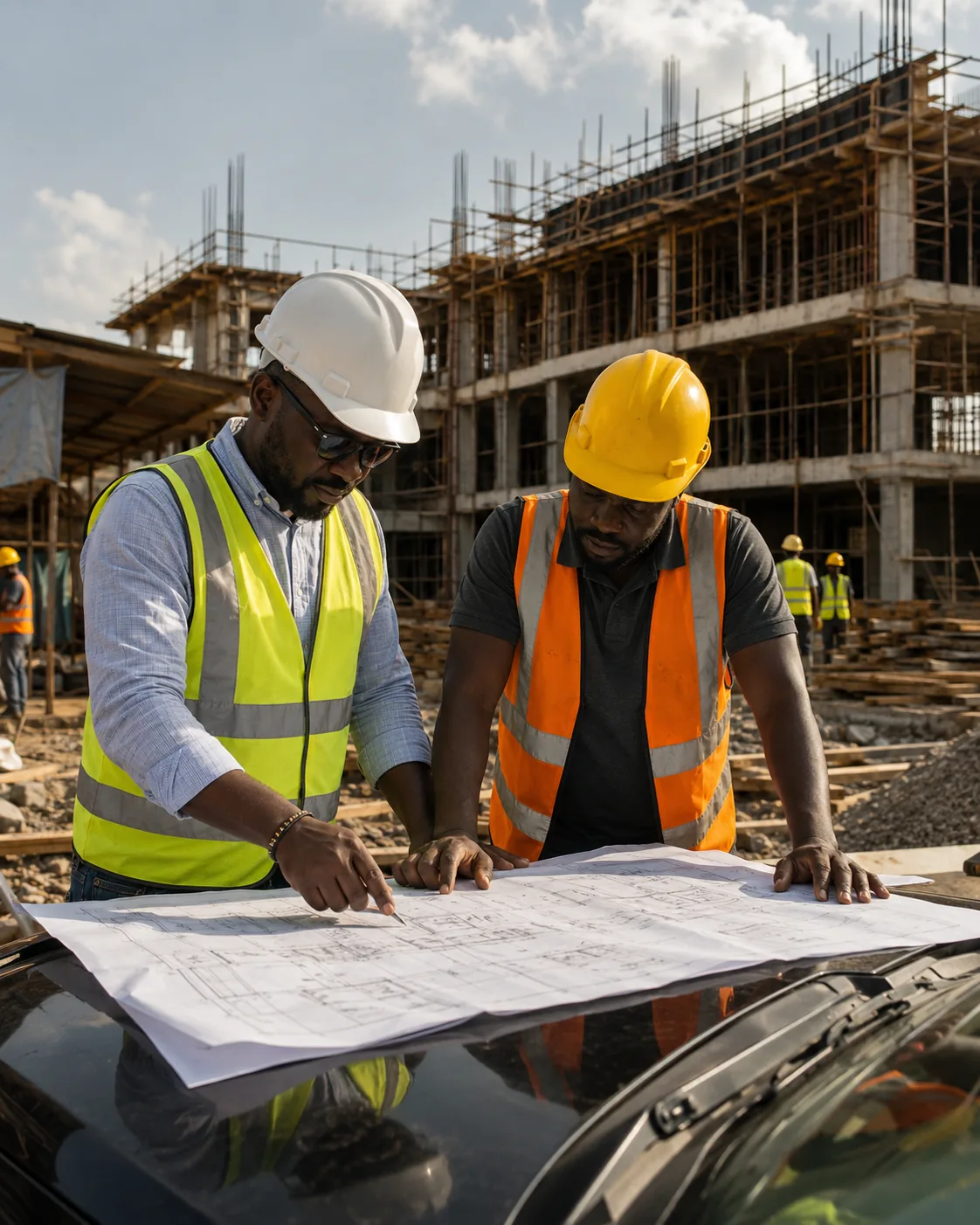 Site supervisor and subcontractor reviewing drawings on site
